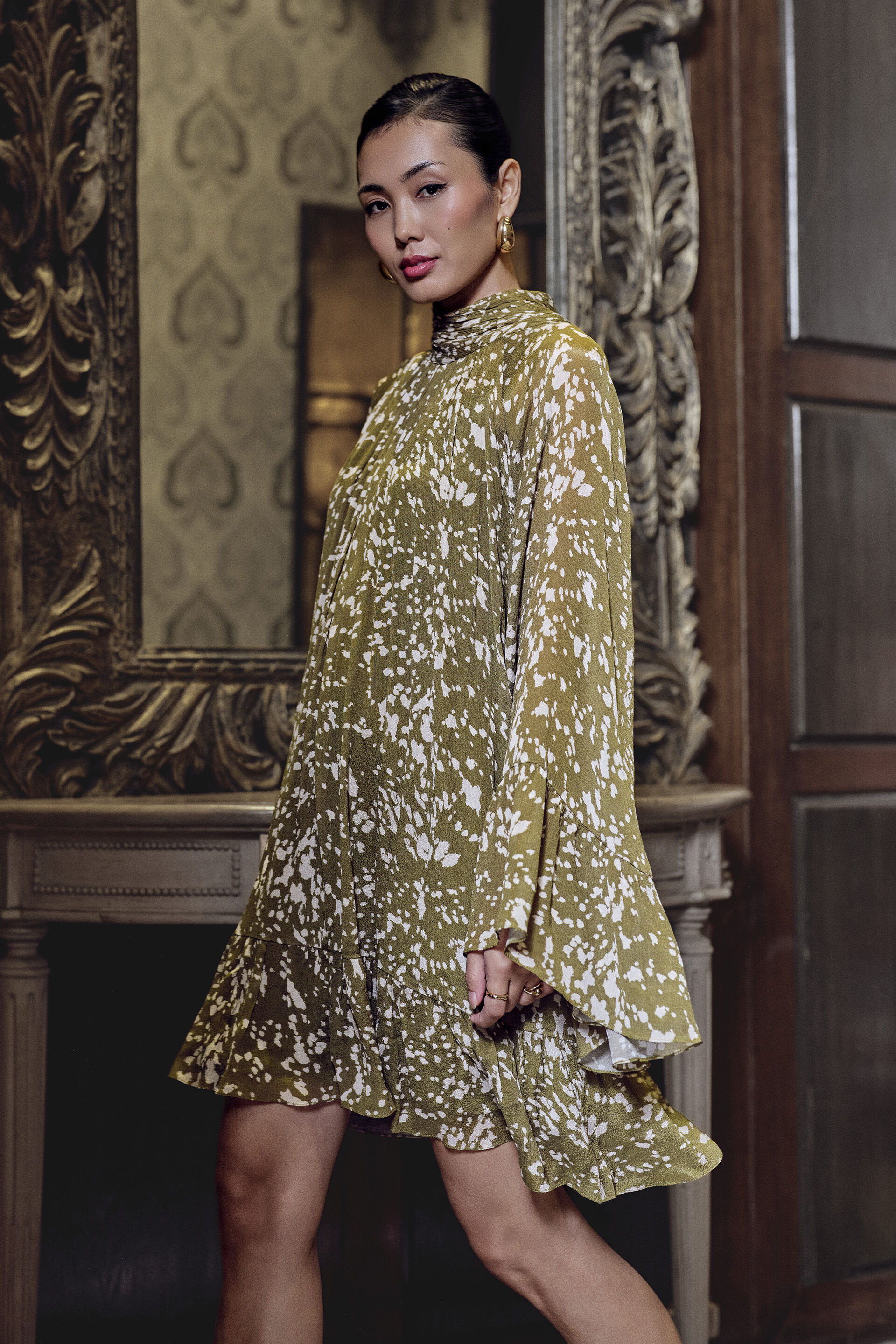 Flared Sleeves Printed Viscose Dress in Olive, Olive, image 2